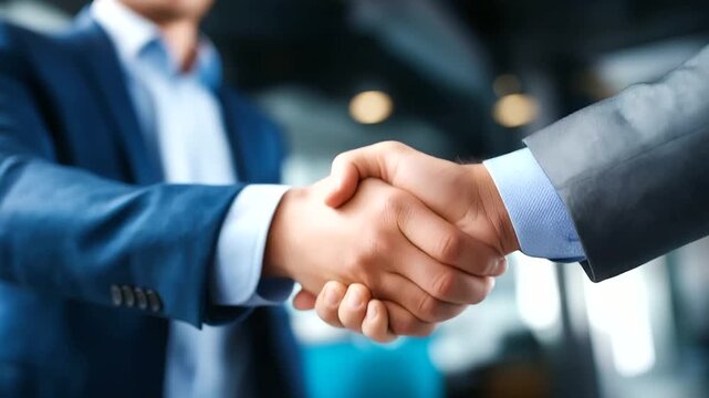 Faceless business handshake representing agreement and corporate collaboration, professional partnership, deal closing moment, defocused office background, contract negotiation, mu