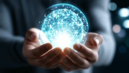Faceless person's hands gently cradling glowing sphere of interconnected nodes, global networking and connectivity symbol, technology and business presentation visual, world commun - Powered by Adobe