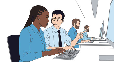 Fototapeta premium Diverse team collaborating on computers in a modern office environment, teamwork concept