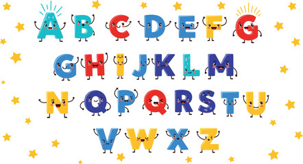 Cute colorful cartoon alphabet letters with smiling faces, playful characters for kids education, preschool learning, typography and fun design elements © Sumon Creative