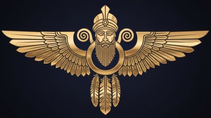 A golden winged figure with a beard and crown against a dark background.