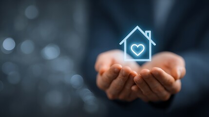A person holds a glowing house icon with a heart, symbolizing home security and care