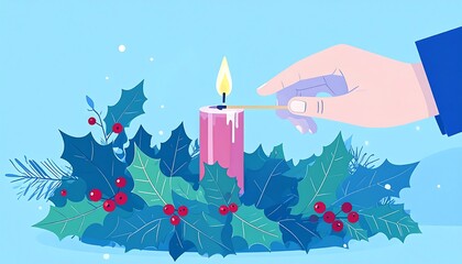 Fototapeta premium Hand lights a pink candle surrounded by holly leaves and red berries on a pale blue background with snowflakes