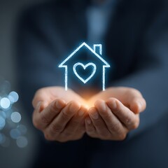 A person's hands holding a glowing digital house icon symbolizing love and security