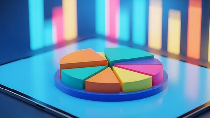 Data analysis with colorful pie chart on digital screen