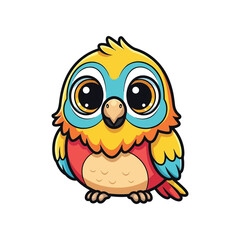 Fototapeta premium A colorful cartoon parrot with big eyes is standing on a plain white background now.