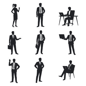 Professional business people silhouettes illustrating various corporate roles and activities