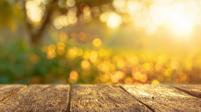 Wooden table tops sunlight in park during late afternoon