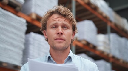 Man holding papers in a warehouse with stacks of boxes in the background