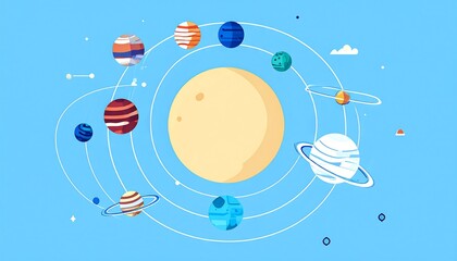 Obraz premium Flat vector illustration of the solar system with stylized planets orbiting a sun on a light blue background