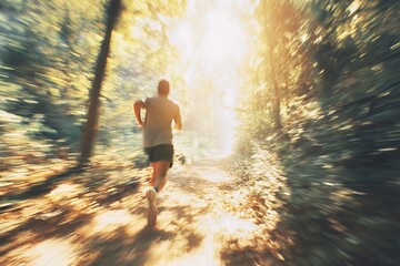 man running on a sunlit forest trail
