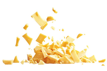 Shattered Cheese Pieces. Dairy Product Explosion Concept Isolated On Transparent Background