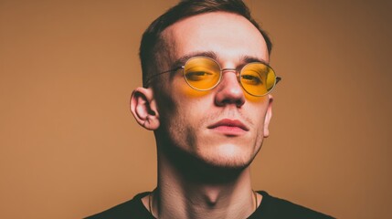 Fototapeta premium Young man wearing yellow sunglasses against a plain background in studio setting