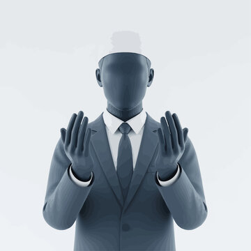a faceless Muslim man wearing a formal suit and a white prayer cap