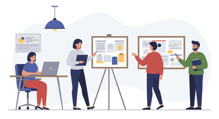 Business team members discussing and presenting ideas in a modern office environment