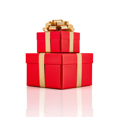 Obraz premium Stack of red gift boxes with gold ribbons and bow
