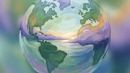 A globe with a colorful, abstract design, representing the Earth, with continents and oceans.