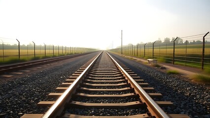 Fototapeta premium ballast. A long railroad track with gravel stretching to the horizon in morning light. mobility guides, transit brochures, designed for transport & logistics marketing.