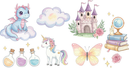 Fototapeta premium Whimsical fairy tale illustration of magical creatures and castle scenery