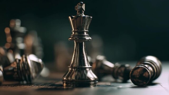Dark chess king standing alone among fallen pieces symbolizing authority dominance and decisive leadership