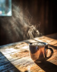steaming coffee cup on a rustic wooden table in morning light