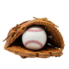 a close-up studio shot of a transparent baseball nestled in a richly textured, well-oiled brown leather glove, isolated on a bright white background. concept of classic baseball nostalgia