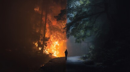 person walks path split between fire and darkness