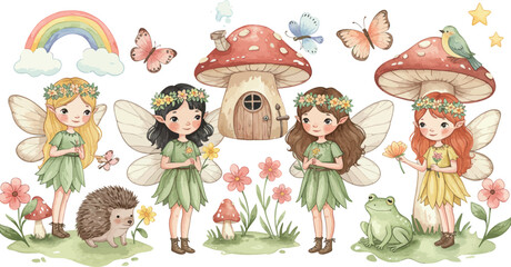 Whimsical fairy tale girls standing in front of magical mushroom houses