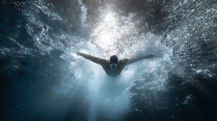 swimmer underwater mid stroke with light rays