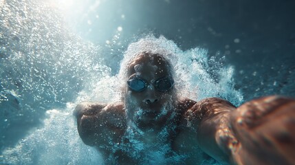 swimmer moves through water creating bubbles and sun rays