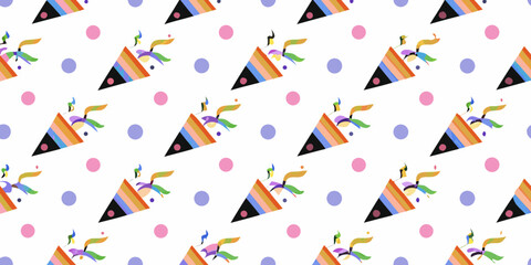 Colorful geometric shapes and polka dots create a vibrant repeating pattern
