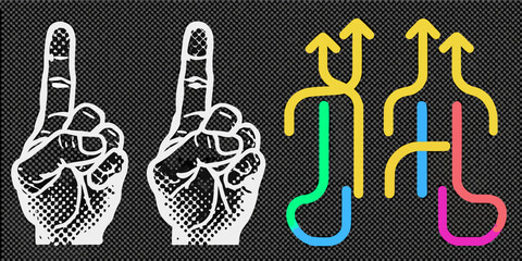 Depiction of hands making gestures alongside colorful abstract arrow like shapes