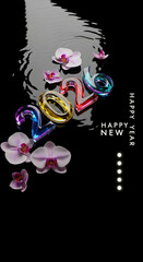 Image of floral arrangement, orchid, and glassy number shapes "2026" on a black watery surface, symbolizing new year, celebration, and reflection