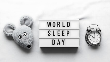 World sleep day celebration with alarm clock and sleep mask