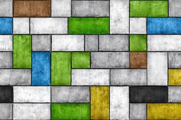 Rectangular paving stones are arranged in a geometric pattern with colorful accents.