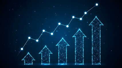 Neon lit graph with rising arrows and increasing trend line