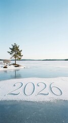 2026 carved into snow on frozen lake ice near a sign promoting 'Sustainability & Future', symbolizing environmental goals, resolutions, and the upcoming new year outlook.