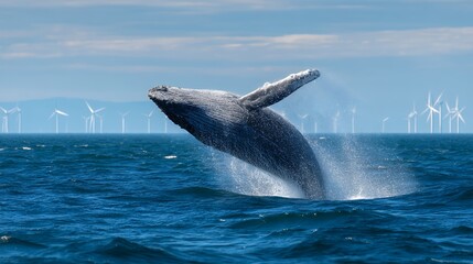 Fototapeta premium whale breaching in ocean near wind turbines