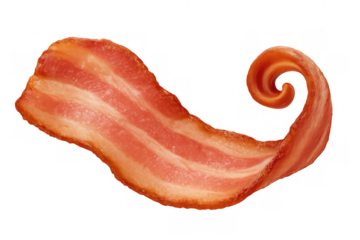 Crispy bacon strip curling, representing delicious breakfast food and savory meat for culinary concepts