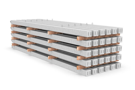 Stack of Precast Prestressed Square Concrete Piles on Timber Dunnage, 3D Render Isolated on White