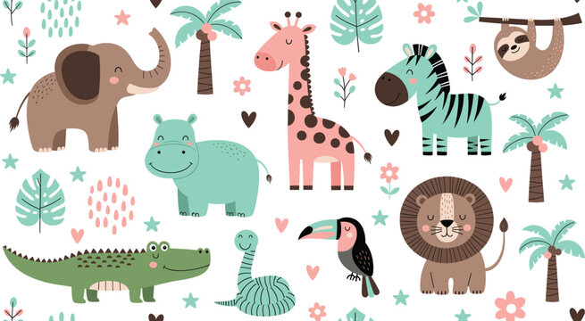 Cute Safari Jungle Animals Pattern With Elephant Giraffe Lion Zebra And Tropical Plants Flat Vector Illustration