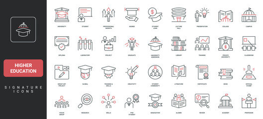 Higher education, academy, college and university, graduation and alumni line icon set. Professor and graduate, students community, classroom thin black and red outline symbols vector illustration