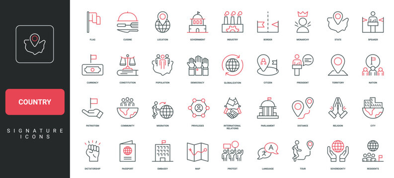 Country, region and city location on globe, language and culture, nation and religion line icon set. Flag and government, border and map, cuisine thin black and red outline symbols vector illustration