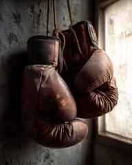 worn boxing gloves hang in a gritty gym