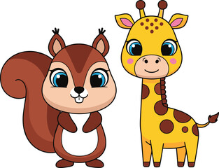 Naklejka premium Cute Cartoon Squirrel and Giraffe Characters Set, Colorful Flat Vector Illustration for Kids Education, Animal Learning, Nursery Decor, and Children Design Projects