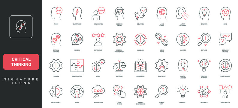 Critical thinking process and logic, valid thesis, synthesis and analysis line icon set. Problem identification and asking why, active listening thin black and red outline symbols vector illustration
