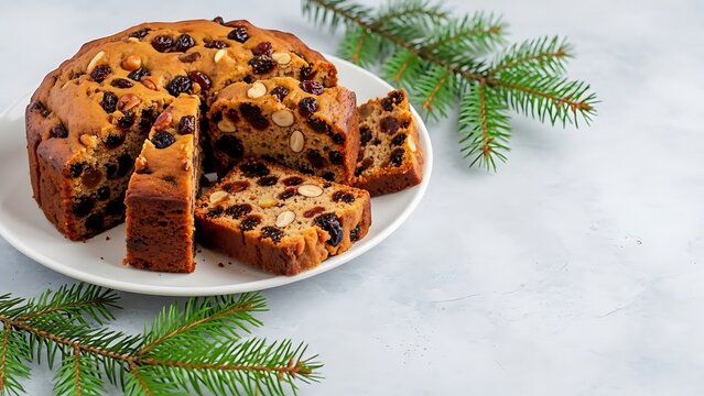 Fruitcake with raisins and nuts on white plate