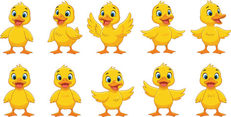 Fototapeta premium Cute Cartoon Yellow Duckling Poses Collection Set, Colorful Flat Vector Illustration for Kids Education, Farm Animals, Nursery Decor, and Children Design Projects