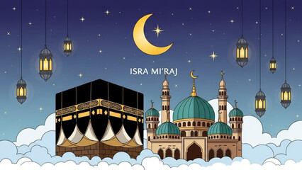Islamic Night Scene Isra Miraj Kaaba Mosque and Crescent Moon Illustration