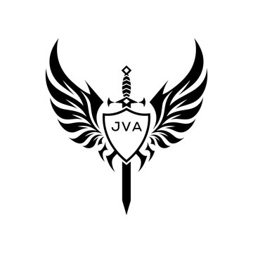 Winged Sword and Shield Logo with Letters, Heraldic Emblem, Black and White Vector Design, JVA  Later Logo,
